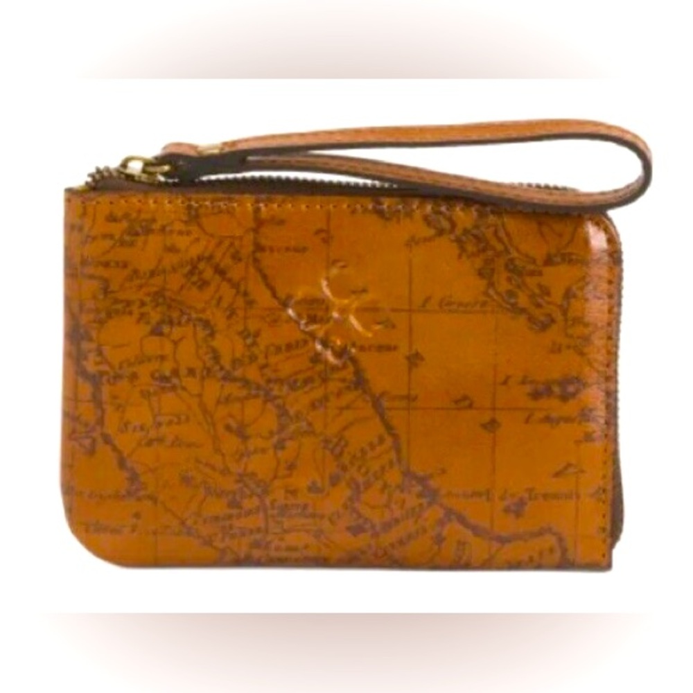 PATRICIA NASH Brown Printed Signature Map Leather Wristlet NWT
